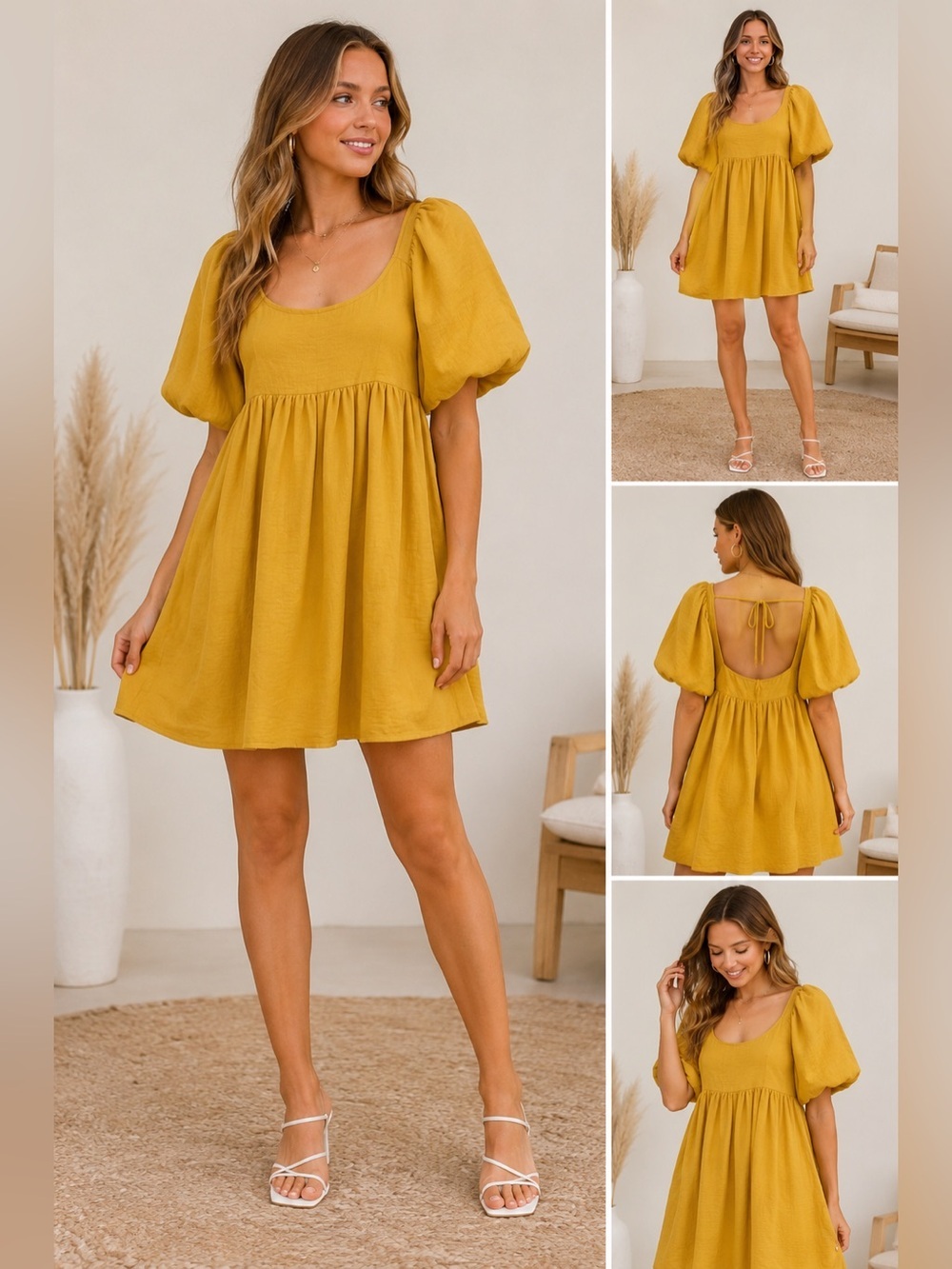 HYFVE Mustard Yellow Puff Sleeve Babydoll Mini Dress Tie Back NWT Size L